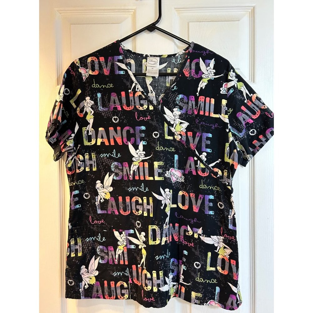 Disney Tinkerbell Women's Scrub Top Size M "Love Smile Laugh" Medical Scrub